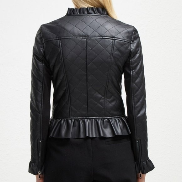 French Connection Brishen PU Frill Edge Faux Leather Biker Jacket Small - Picture 4 of 11